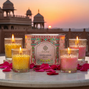 Pack of 4 Scented Votive Candles| Lemongrass, Rose| Festive Pink Haveli Collection, 2025-26