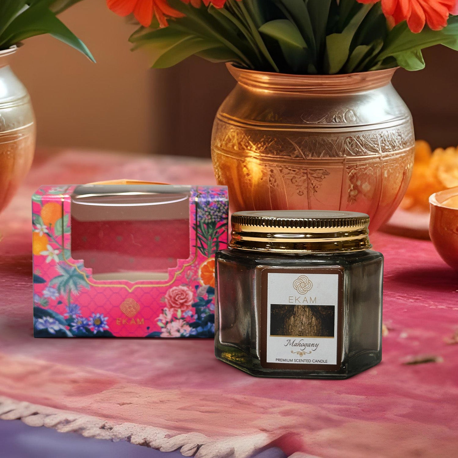 EKAM Mahogany Scented Hexa Jar Candle