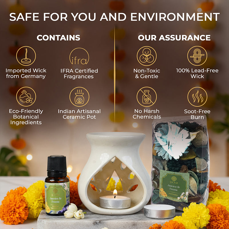 Jasmine &amp; Freesia Ceramic Oil Warmer &amp; Potpourri Gift Set
