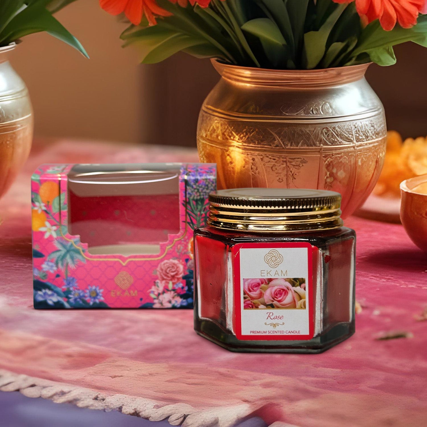 EKAM Rose Scented Hexa Jar Candle