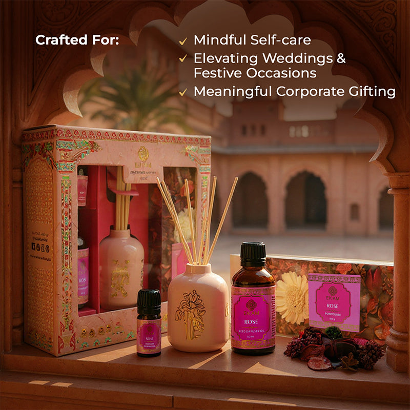 Rose Scented Reed Diffuser &amp; Potpourri Gift Set| Festive Pink Haveli Collection, 2025-26