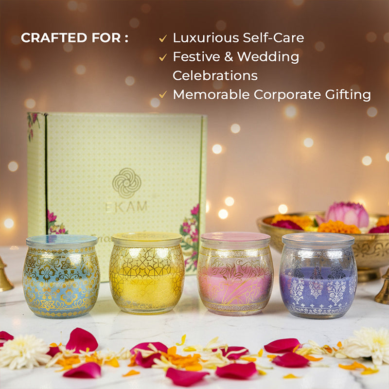 Pack of 4 Scented Jar Candles | Lavender, Lemongrass, Mogra, and Rose| Festive Gift Box