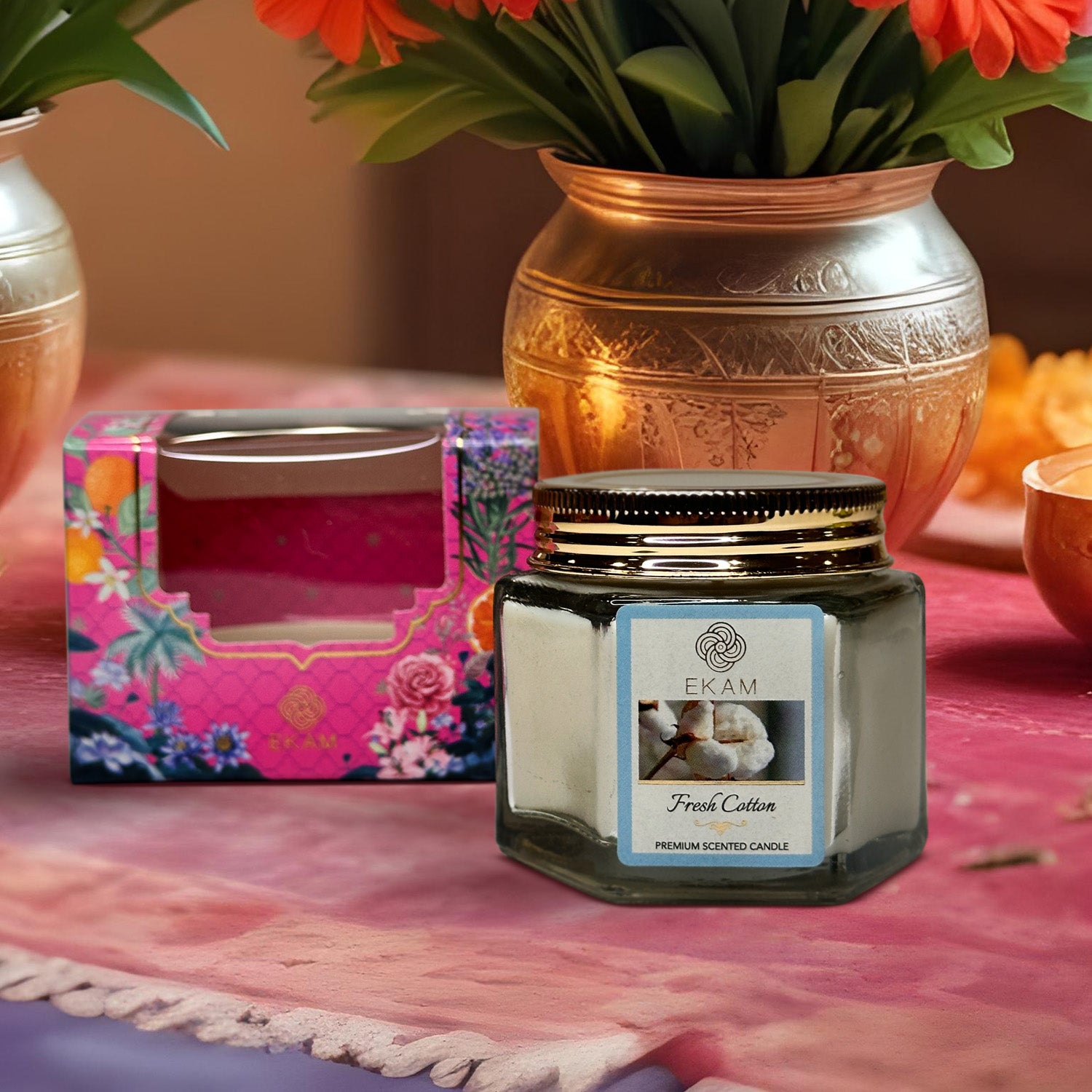 EKAM Fresh Cotton Scented Hexa Jar Candle