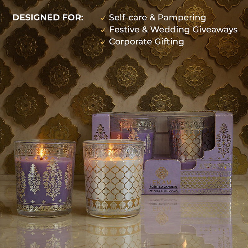 Pack of 2 Scented Votive Candles| Lavender, Mahogany| Festive Sheesh Mahal Collection, 2025-26