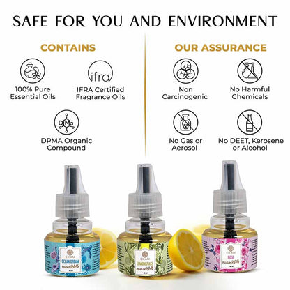 Pack of 3 Scented Air Freshener Plug-In Refill | Ocean Dream, Rose &amp; Lemon Grass | 45 Ml Each