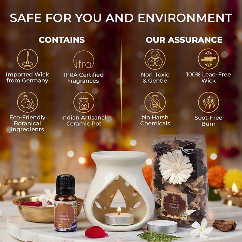 Cedar &amp; Mahogany Ceramic Oil Warmer &amp; Potpourri Gift Set