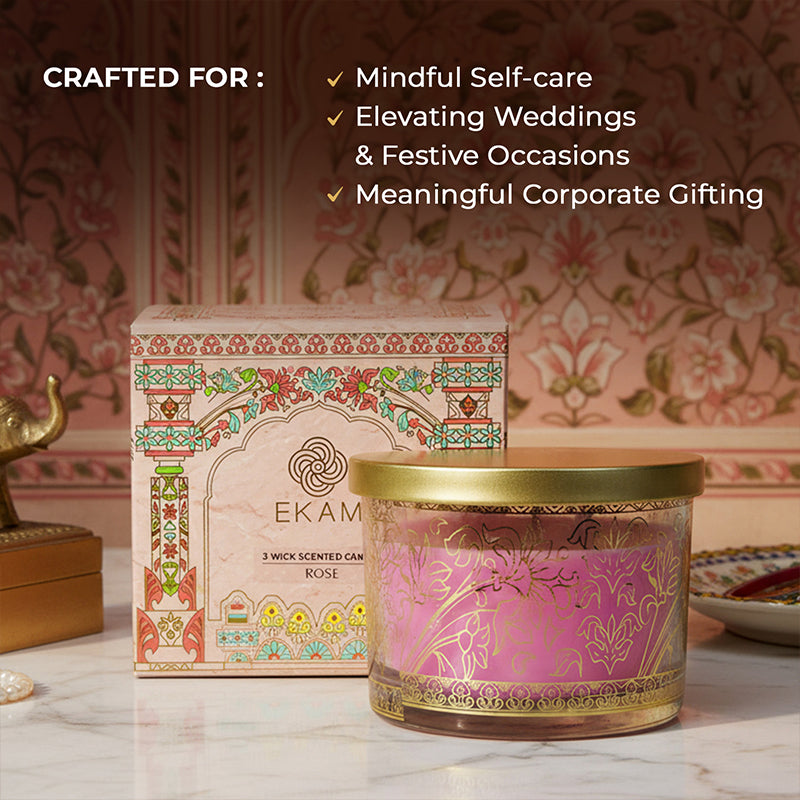 Rose Scented 3 Wick Candle, 213 g| Festive Pink Haveli Collection, 2025-26