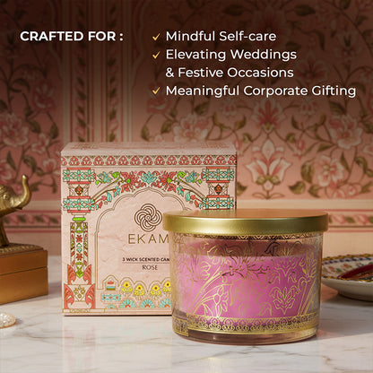 Rose Scented 3 Wick Candle, 213 g| Festive Pink Haveli Collection, 2025-26