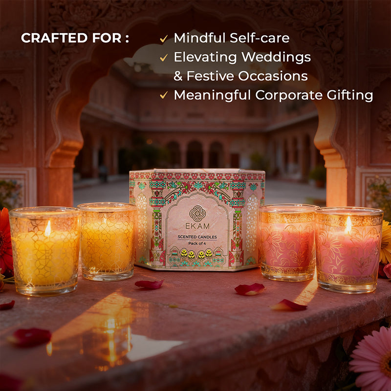 Pack of 4 Scented Votive Candles| Lemongrass, Rose| Festive Pink Haveli Collection, 2025-26