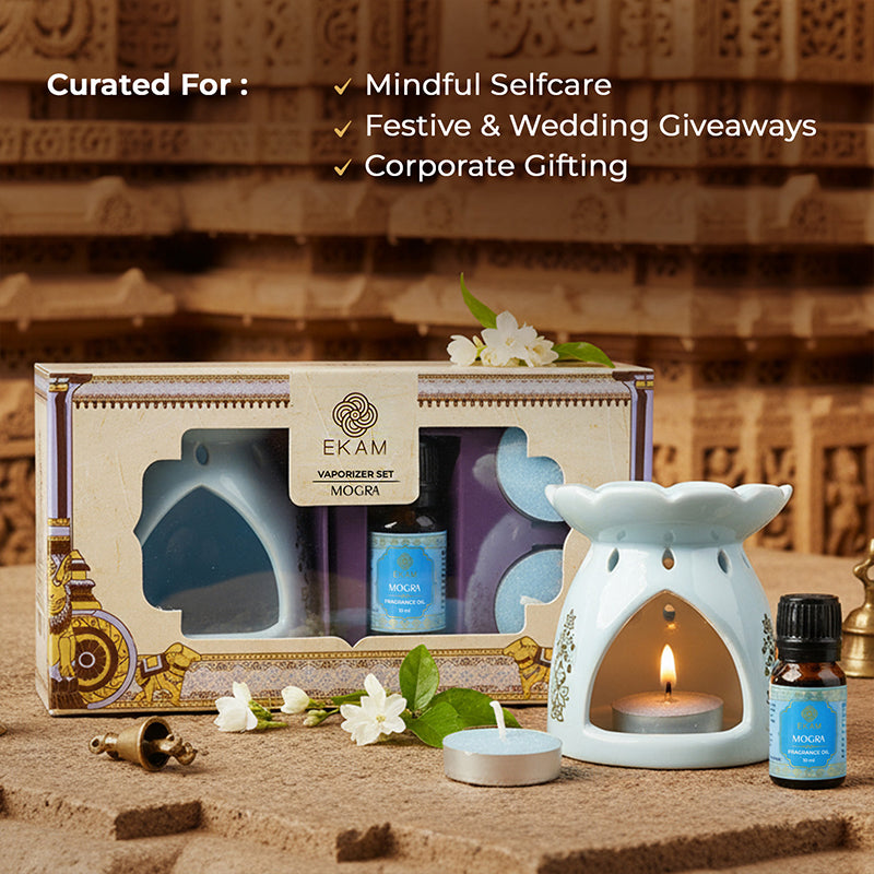 Mogra Scented 10 ml Aroma Oil Warmer Set | Festive Stone Palace Collection, 2025-26