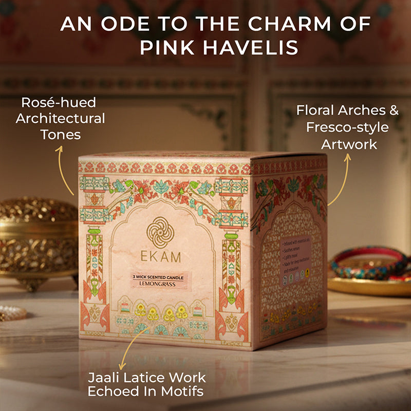 Lemongrass Scented 3 Wick Candle, 213 g| Festive Pink Haveli Collection, 2025-26