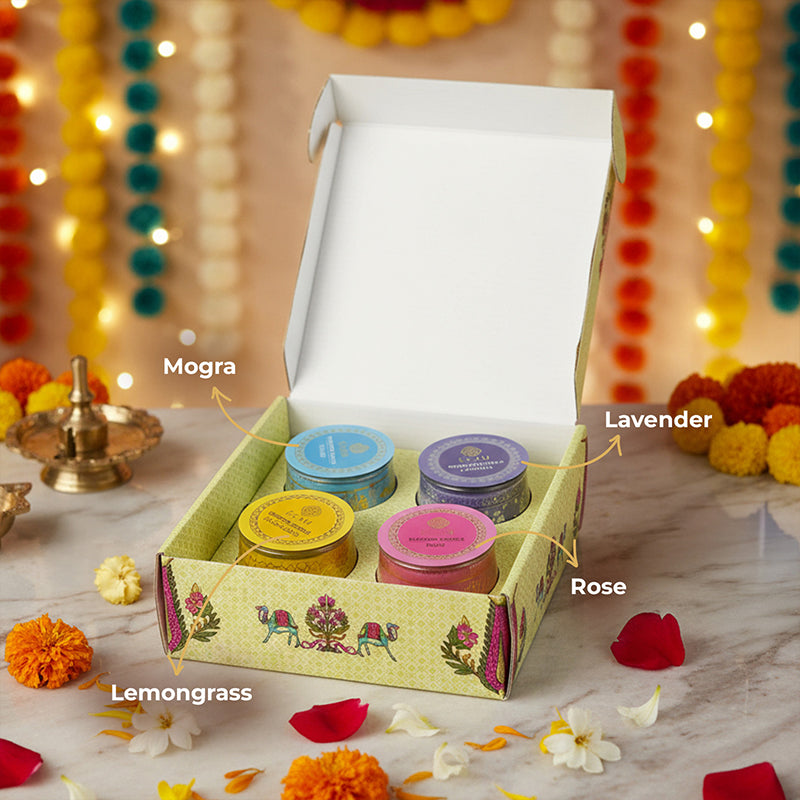 Pack of 4 Scented Jar Candles | Lavender, Lemongrass, Mogra, and Rose| Festive Gift Box