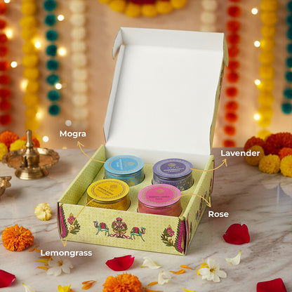 Pack of 4 Scented Jar Candles | Lavender, Lemongrass, Mogra, and Rose| Festive Gift Box