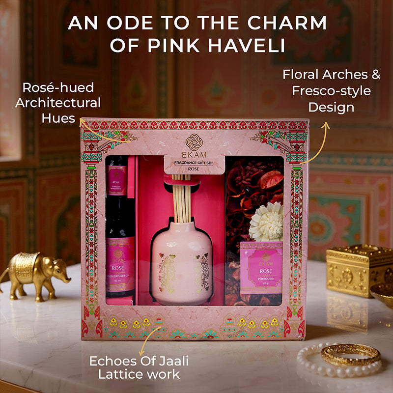Rose Scented Reed Diffuser &amp; Potpourri Gift Set| Festive Pink Haveli Collection, 2025-26