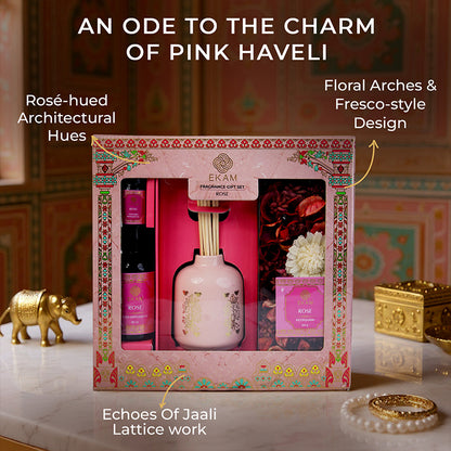 Rose Scented Reed Diffuser &amp; Potpourri Gift Set| Festive Pink Haveli Collection, 2025-26