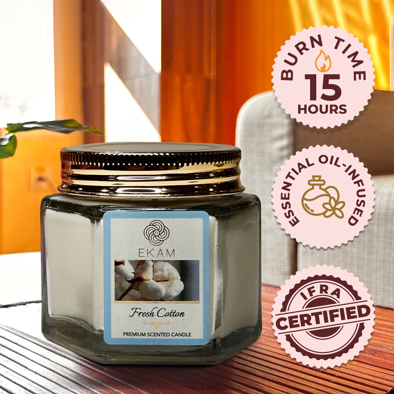 EKAM Fresh Cotton Scented Hexa Jar Candle