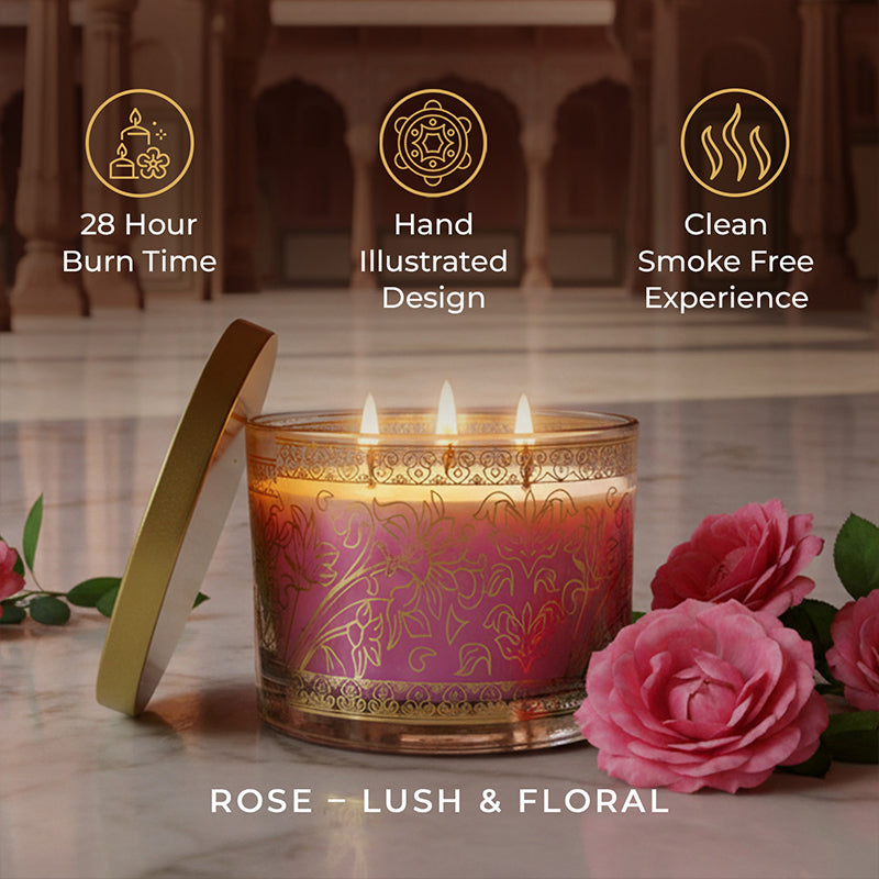Rose Scented 3 Wick Candle, 213 g| Festive Pink Haveli Collection, 2025-26