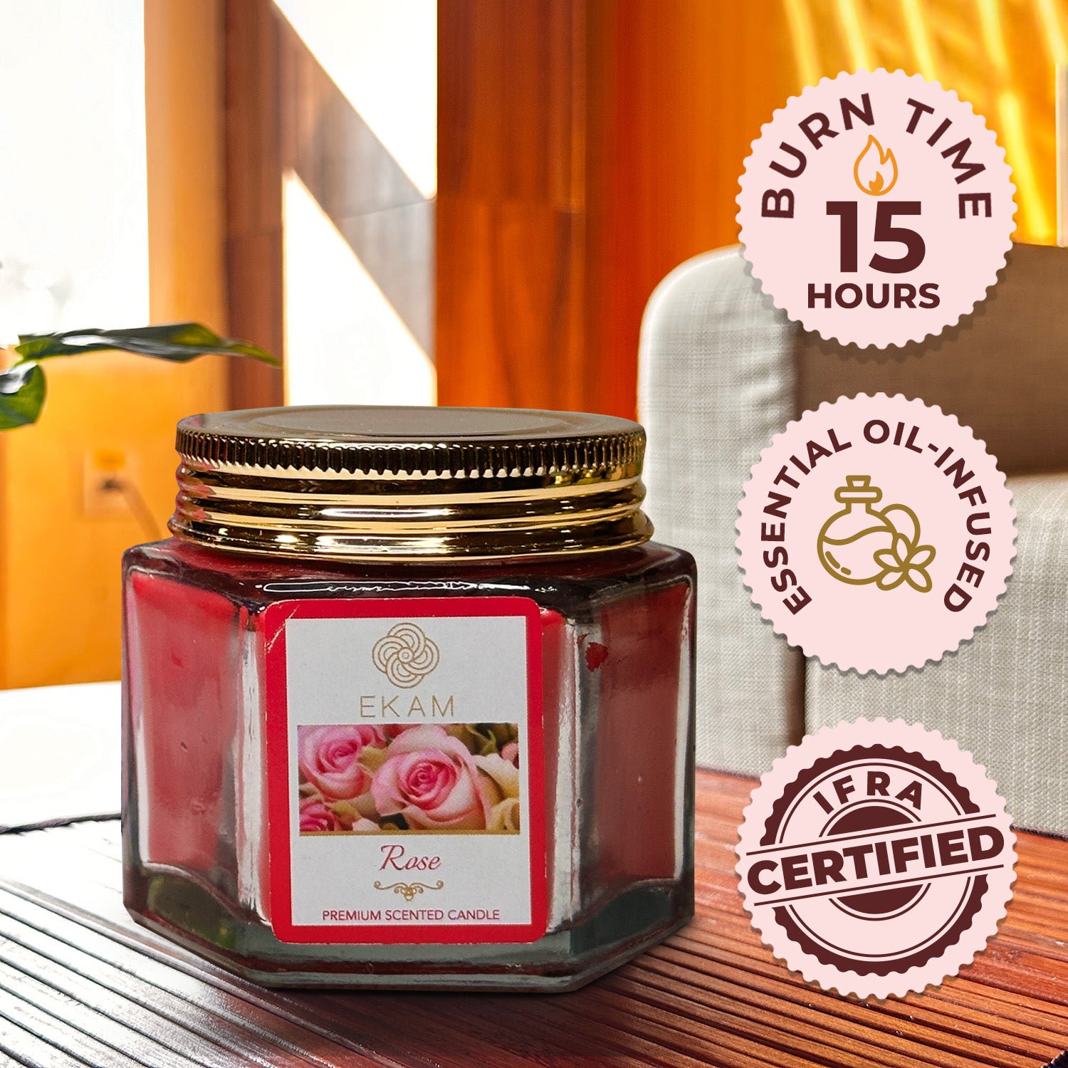 EKAM Rose Scented Hexa Jar Candle