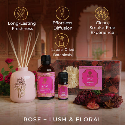 Rose Scented Reed Diffuser &amp; Potpourri Gift Set| Festive Pink Haveli Collection, 2025-26
