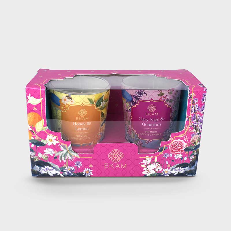 Pack of 2 Shot Glass Candles | Honey &amp; Lemon | Clary Sage &amp; Geranium