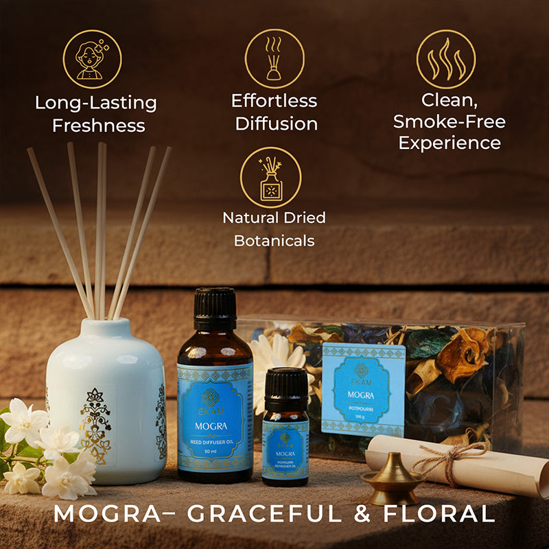 Mogra Scented Reed Diffuser &amp; Potpourri Gift Set| Festive Stone Palace Collection, 2025-26