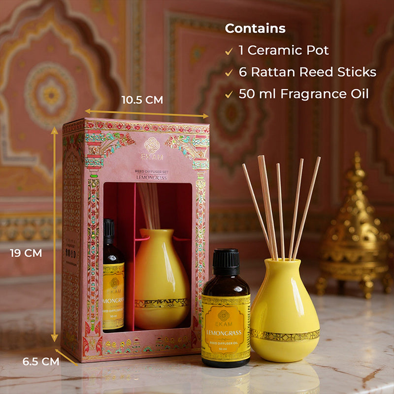 Lemongrass Scented Reed Diffuser Gift Set| Festive Pink Haveli Collection, 2025-26