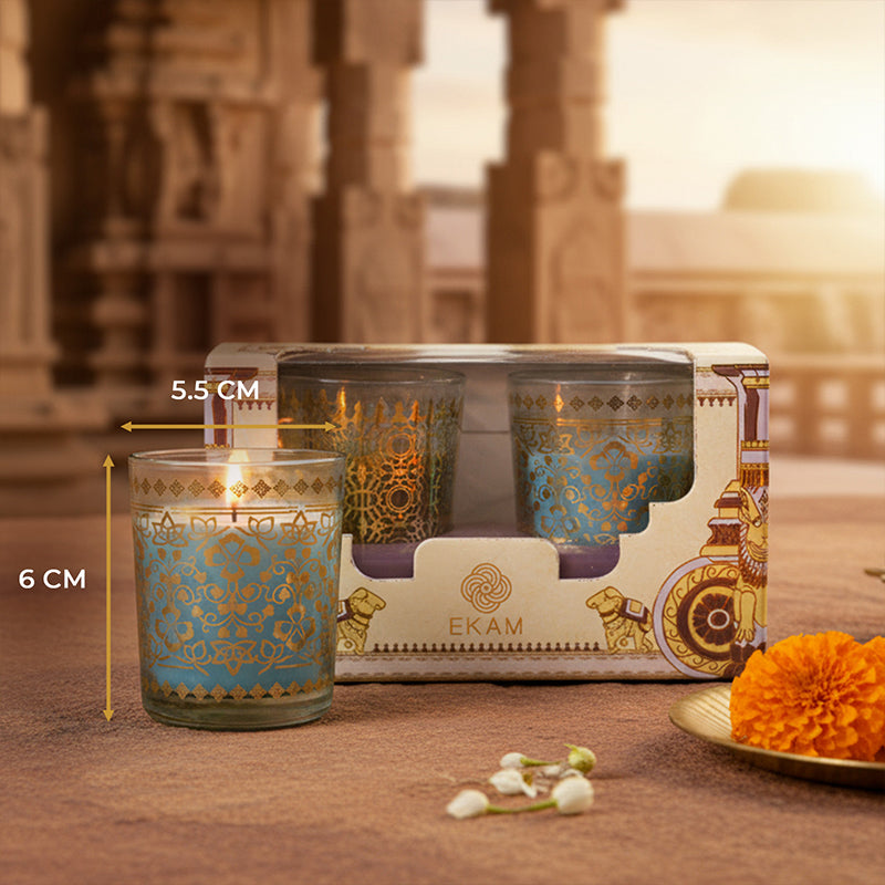 Pack of 2 Scented Votive Candles| Mogra, Temple Bloom| Festive Stone Palace Collection, 2025-26