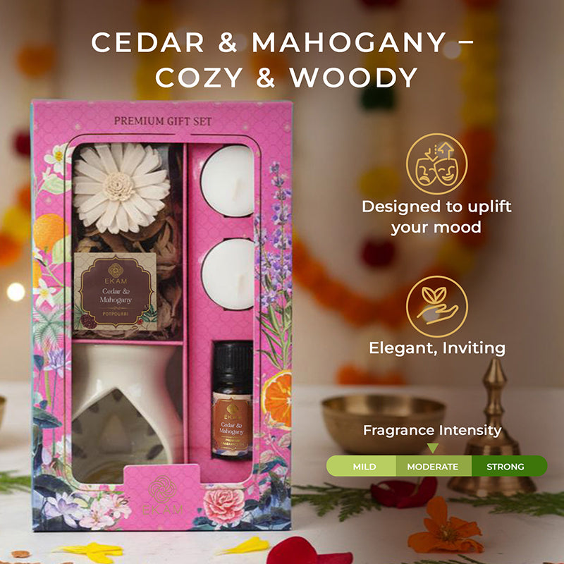 Cedar &amp; Mahogany Ceramic Oil Warmer &amp; Potpourri Gift Set