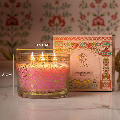 Rose Scented 3 Wick Candle, 213 g| Festive Pink Haveli Collection, 2025-26