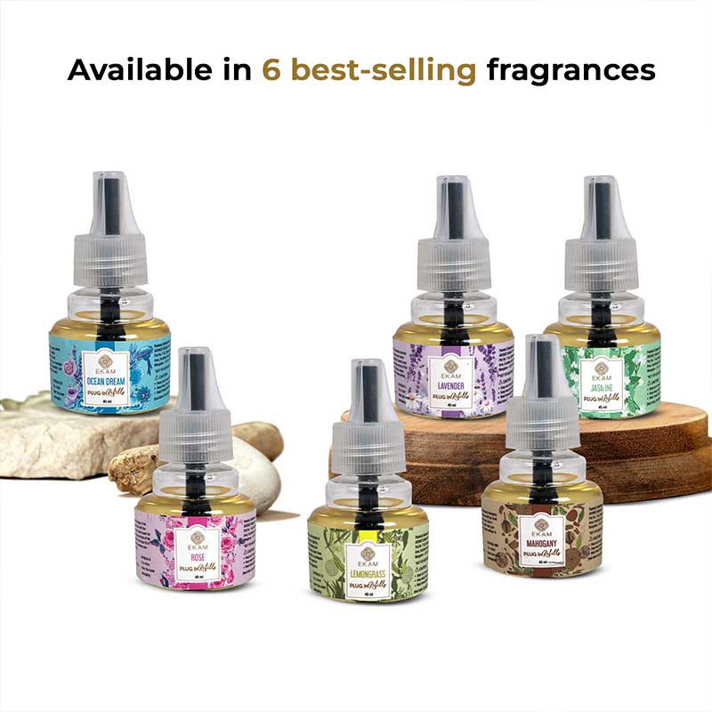 Jasmine Scented Plug In Kit and 3-pack Refill Combo of Ocean Dream, Rose Lemongrass Fragrances