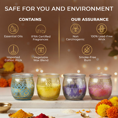 Pack of 4 Scented Jar Candles | Lavender, Lemongrass, Mogra, and Rose| Festive Gift Box