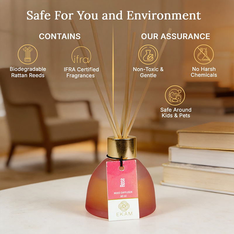 Rose Frosted Glass Reed Diffuser Set for Home, 60 ml