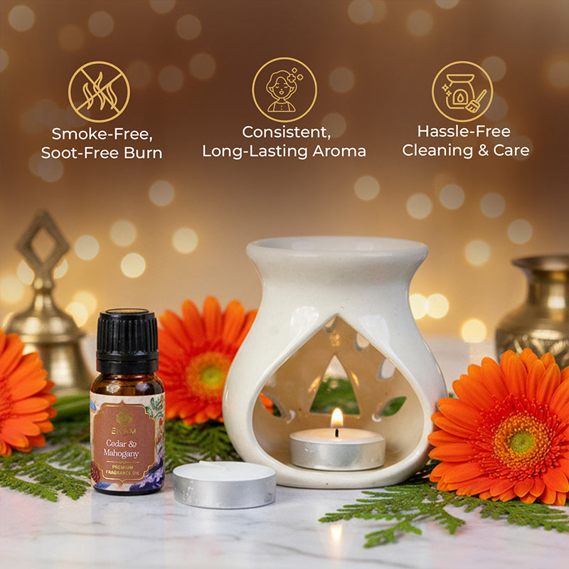 Cedar &amp; Mahogany Ceramic Oil Warmer Gift Set