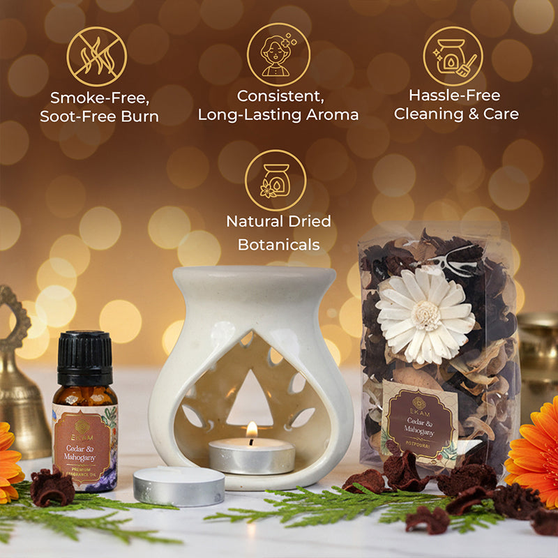 Cedar &amp; Mahogany Ceramic Oil Warmer &amp; Potpourri Gift Set