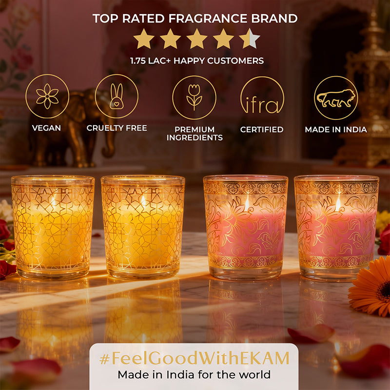 Pack of 4 Scented Votive Candles| Lemongrass, Rose| Festive Pink Haveli Collection, 2025-26