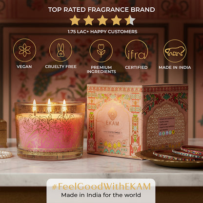 Rose Scented 3 Wick Candle, 213 g| Festive Pink Haveli Collection, 2025-26