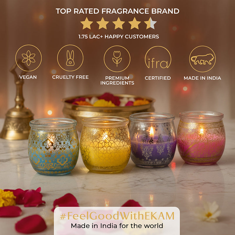 Pack of 4 Scented Jar Candles | Lavender, Lemongrass, Mogra, and Rose| Festive Gift Box
