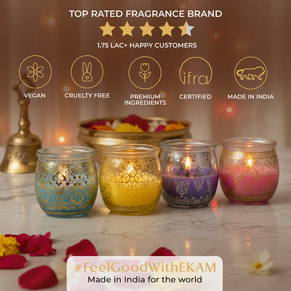Pack of 4 Scented Jar Candles | Lavender, Lemongrass, Mogra, and Rose| Festive Gift Box