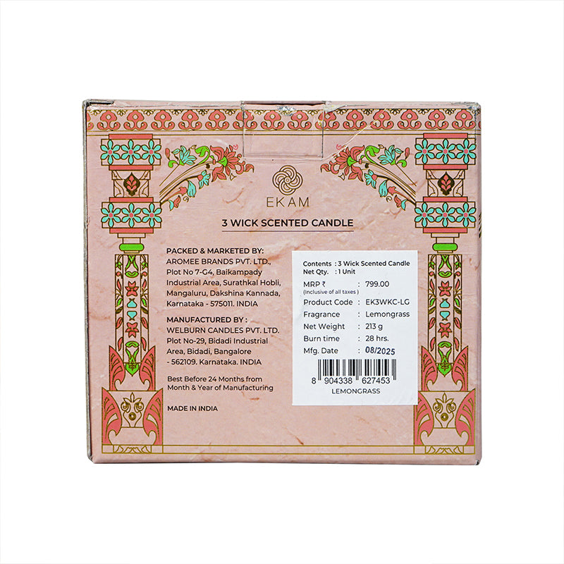 Lemongrass Scented 3 Wick Candle, 213 g| Festive Pink Haveli Collection, 2025-26