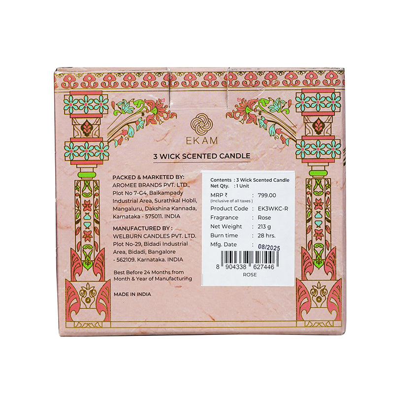 Rose Scented 3 Wick Candle, 213 g| Festive Pink Haveli Collection, 2025-26
