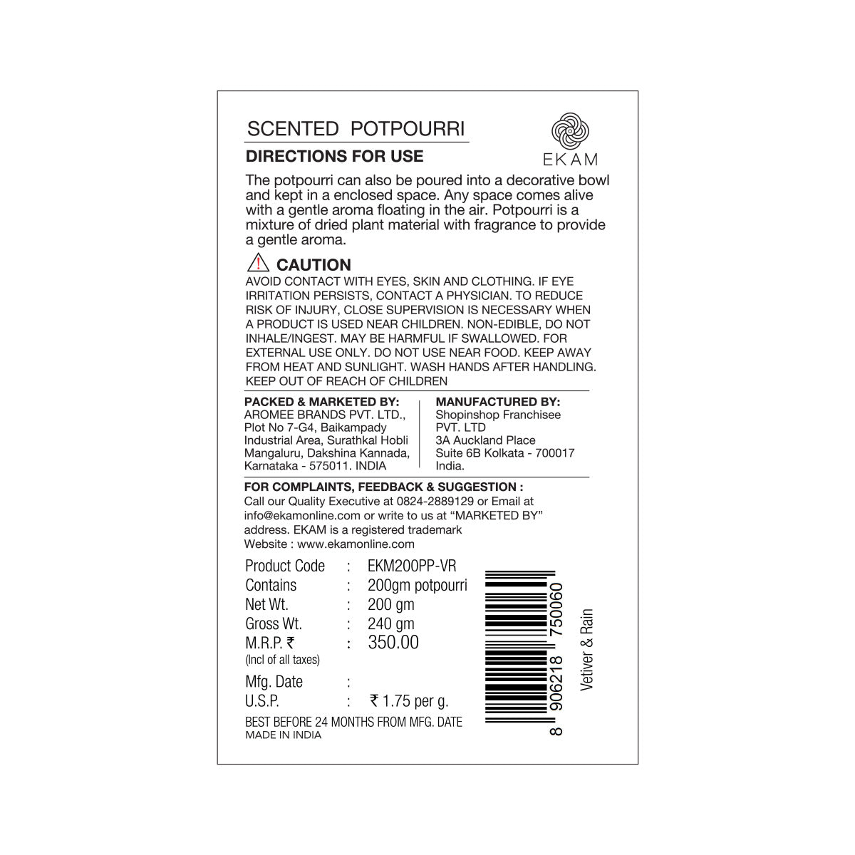 EKAM Vetiver &amp; Rain Potpourri Pack