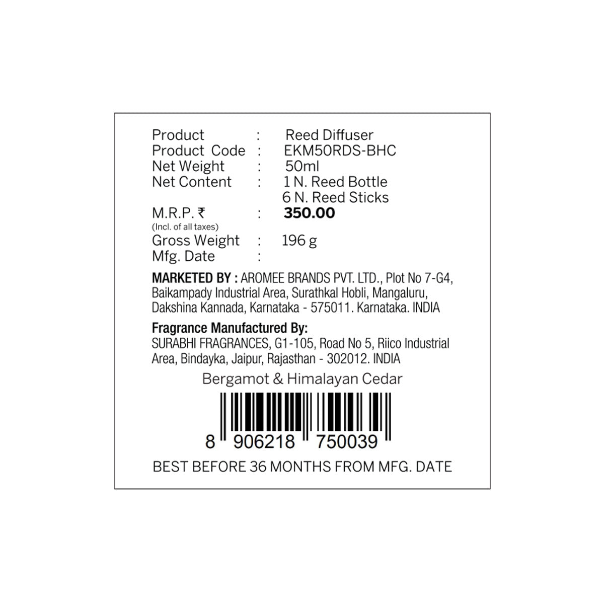 BERGAMOT &amp; HIMALAYAN CEDAR REED DIFFUSER