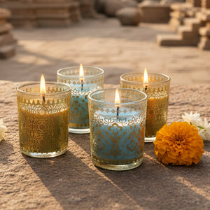 Pack of 4 Scented Votive Candles| Mogra, Temple Bloom| Festive Stone Palace Collection, 2025-26
