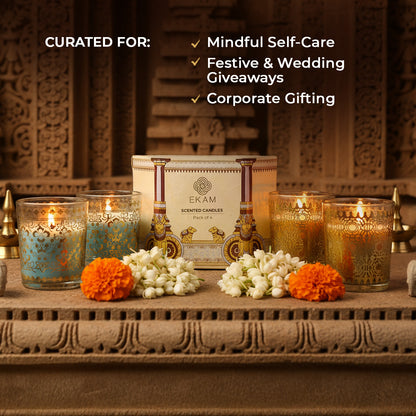 Pack of 4 Scented Votive Candles| Mogra, Temple Bloom| Festive Stone Palace Collection, 2025-26