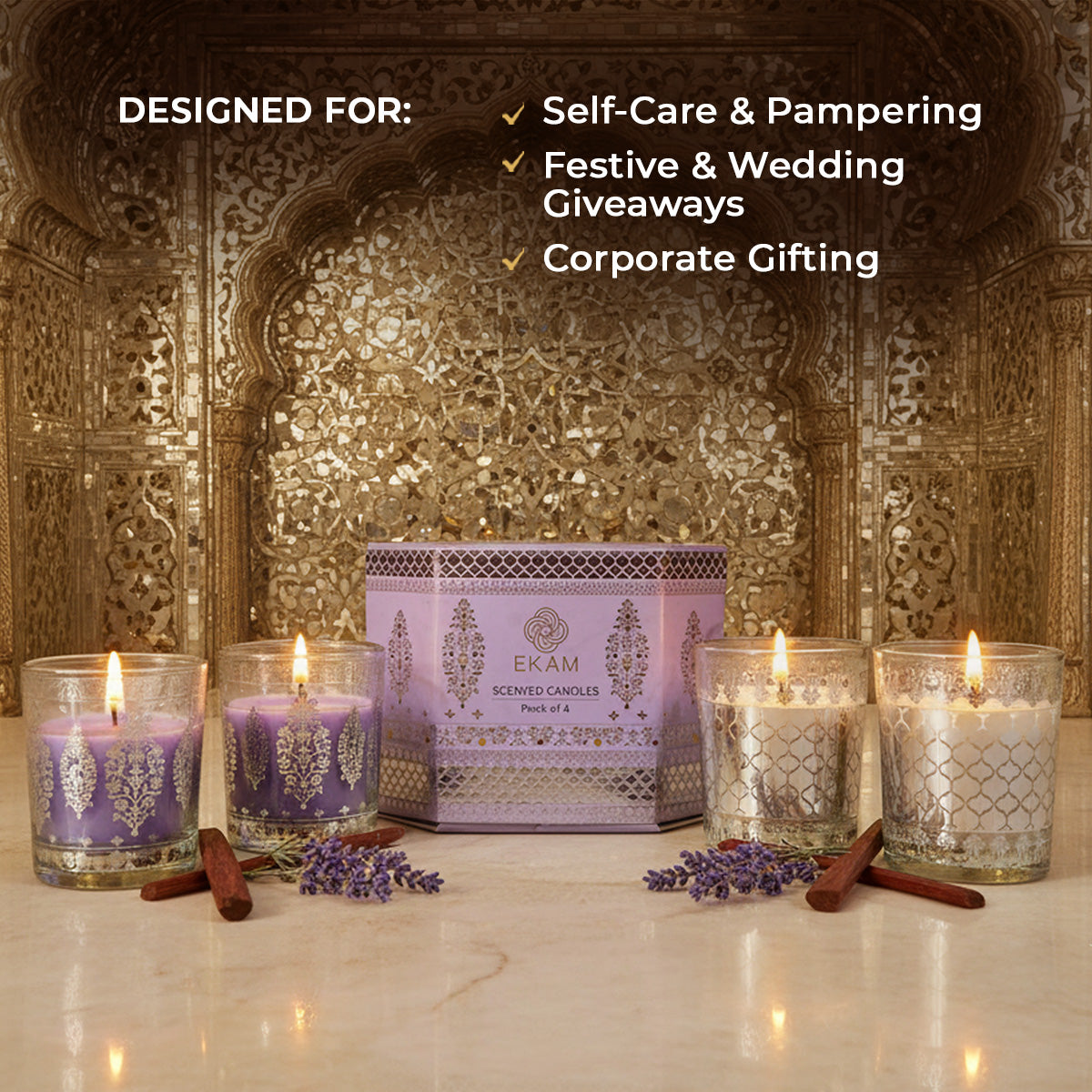 Pack of 4 Scented Votive Candles| Lavender, Mahogany| Festive Sheesh Mahal Collection, 2025-26
