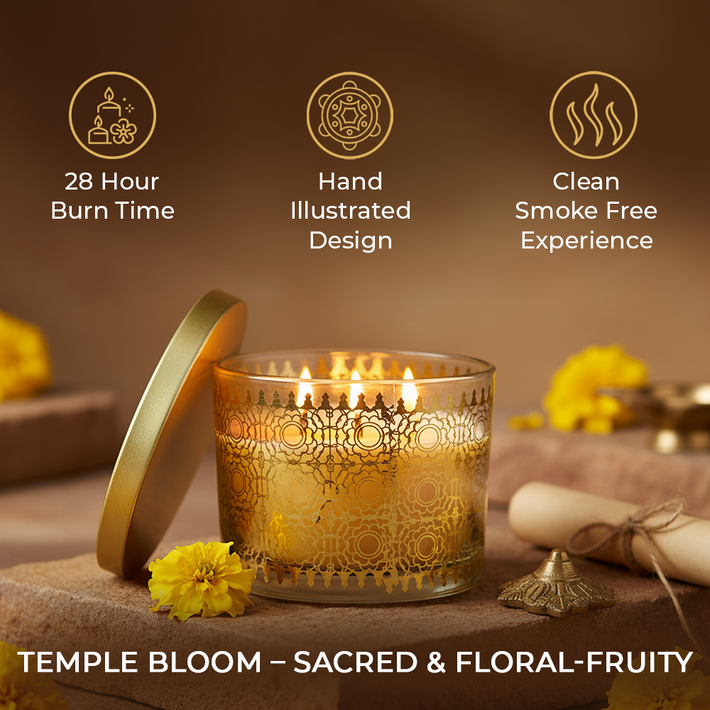Temple Bloom Scented 3 Wick Candle, 213 g| Festive Stone Palace Collection, 2025-26