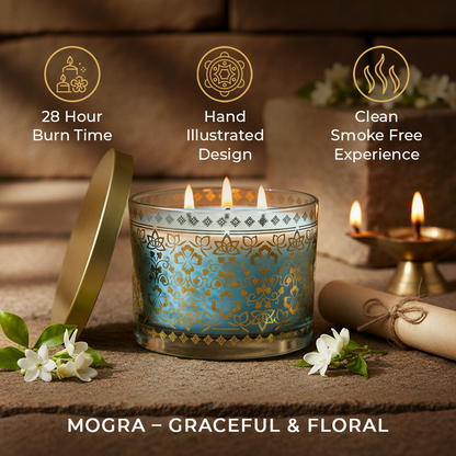 Mogra Scented 3 Wick Candle, 213 g| Festive Stone Palace Collection, 2025-26