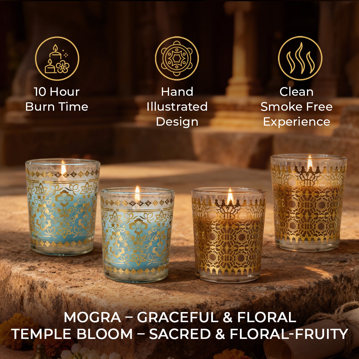 Pack of 4 Scented Votive Candles| Mogra, Temple Bloom| Festive Stone Palace Collection, 2025-26