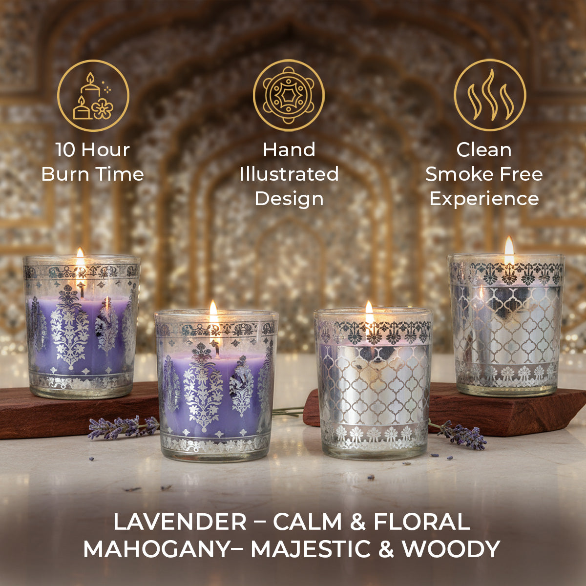 Pack of 4 Scented Votive Candles| Lavender, Mahogany| Festive Sheesh Mahal Collection, 2025-26