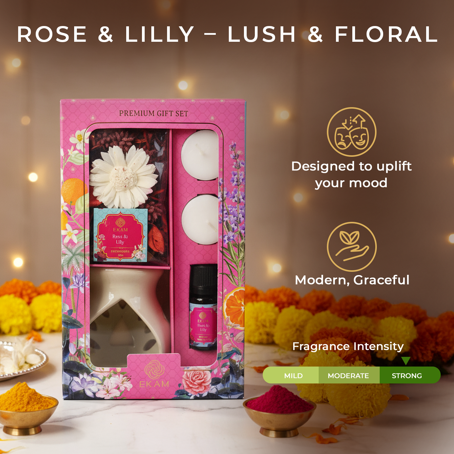 Rose &amp; Lily Ceramic Oil Warmer &amp; Potpourri Gift Set